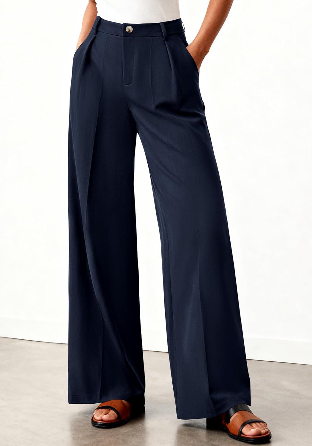 imageBTFBM Wide Leg Pants Woman 2026 High Waisted Button Business Casual Dressy Trousers Office Work Palazzo Pants PocketsNavy