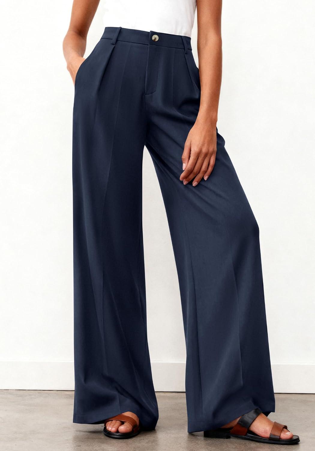 imageBTFBM Wide Leg Pants Woman 2026 High Waisted Button Business Casual Dressy Trousers Office Work Palazzo Pants PocketsNavy