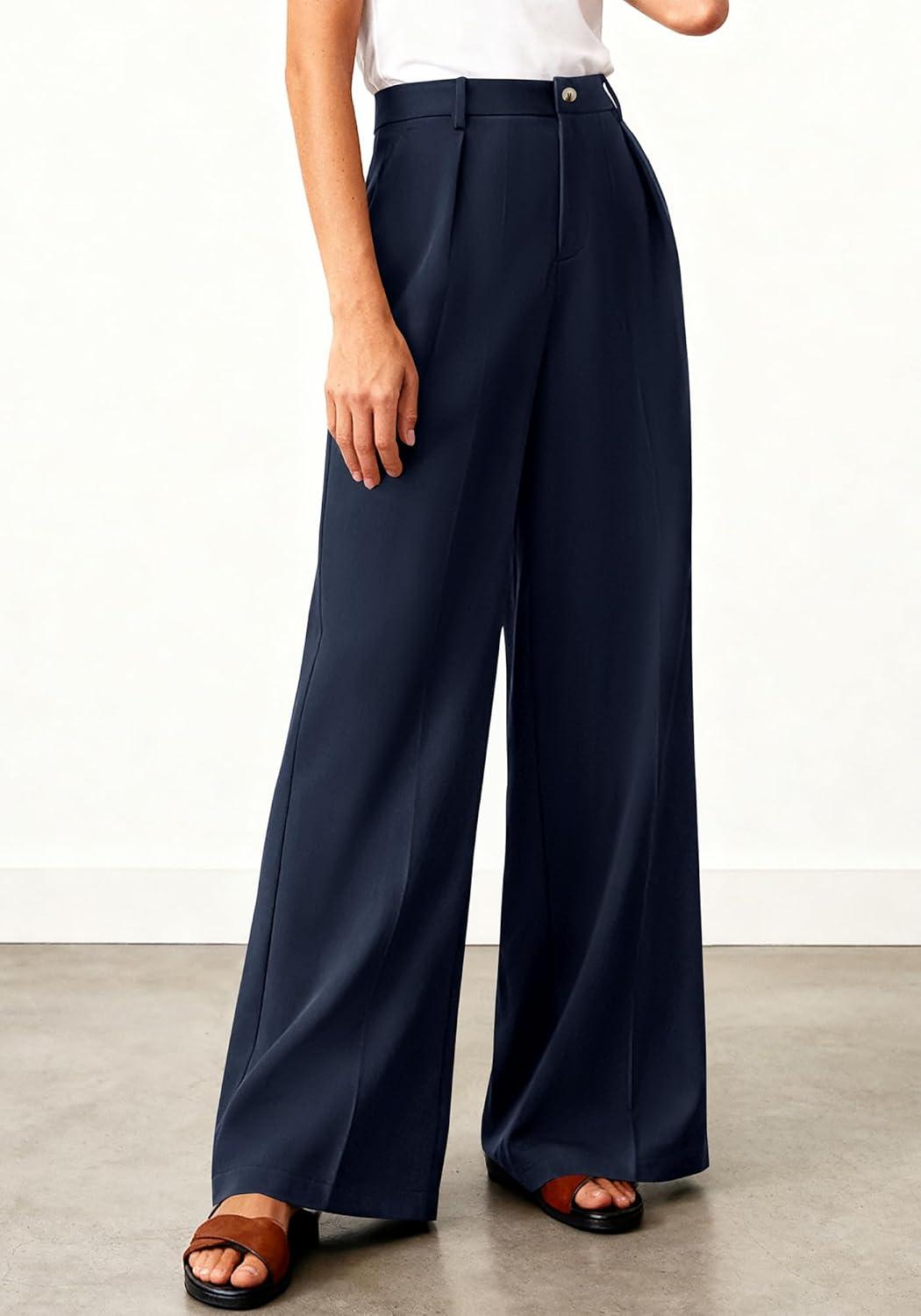 imageBTFBM Wide Leg Pants Woman 2026 High Waisted Button Business Casual Dressy Trousers Office Work Palazzo Pants PocketsNavy