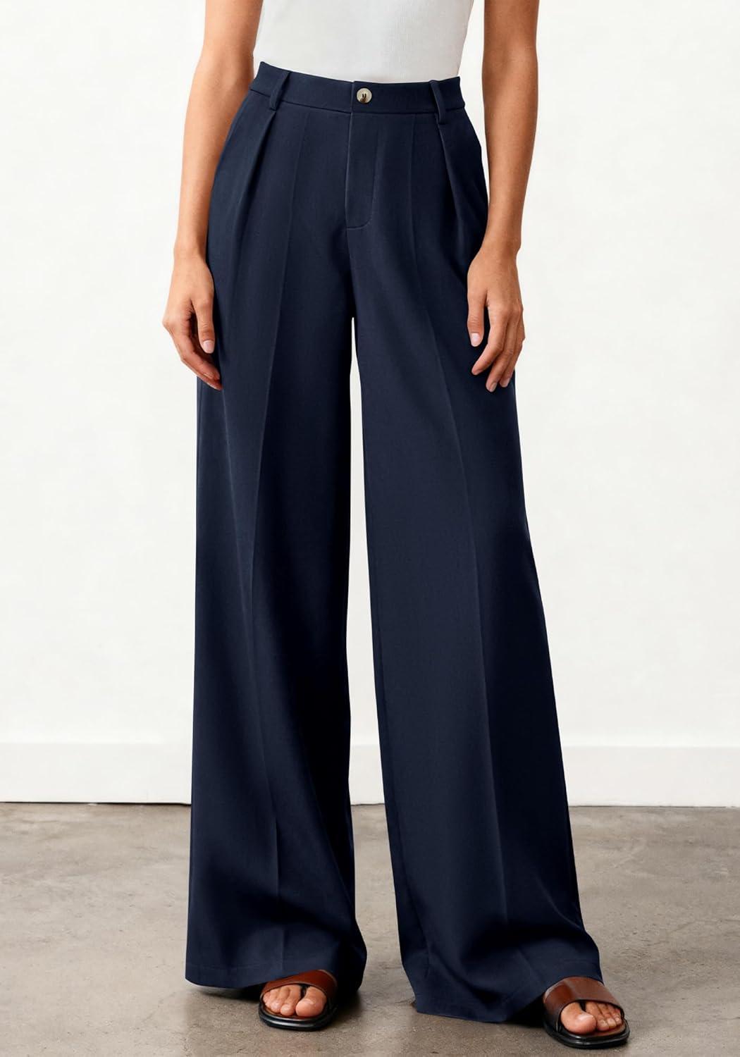 imageBTFBM Wide Leg Pants Woman 2026 High Waisted Button Business Casual Dressy Trousers Office Work Palazzo Pants PocketsNavy