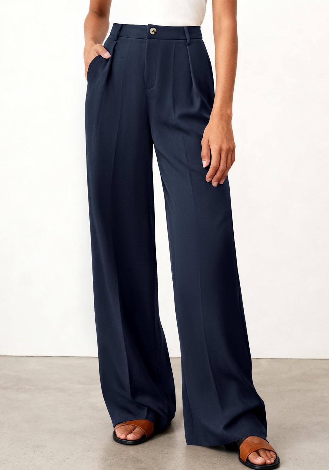 imageBTFBM Wide Leg Pants Woman 2026 High Waisted Button Business Casual Dressy Trousers Office Work Palazzo Pants PocketsNavy