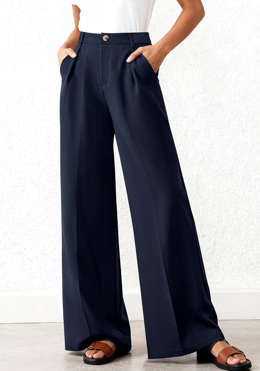 imageBTFBM Wide Leg Pants Woman 2026 High Waisted Button Business Casual Dressy Trousers Office Work Palazzo Pants PocketsNavy