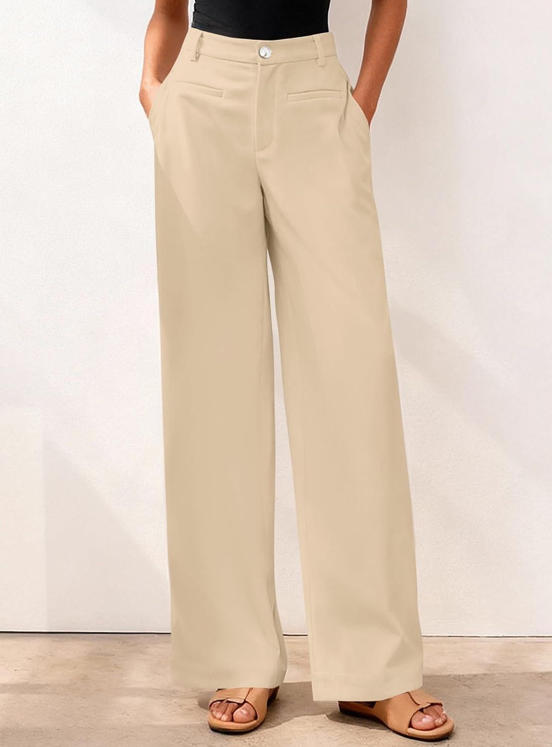 imageBTFBM Women Wide Leg Pants High Waisted Spring 2026 Business Casual Outfits Slacks Trousers Dressy Palazzo Pants PocketsBeige