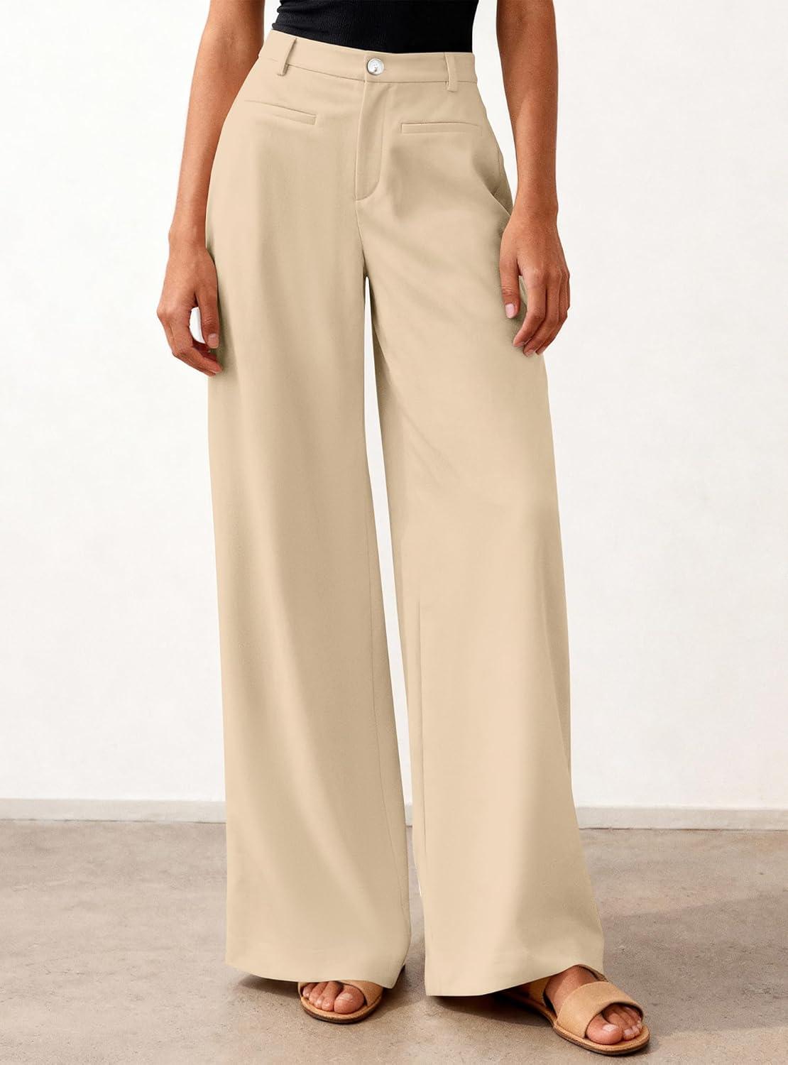 imageBTFBM Women Wide Leg Pants High Waisted Spring 2026 Business Casual Outfits Slacks Trousers Dressy Palazzo Pants PocketsBeige