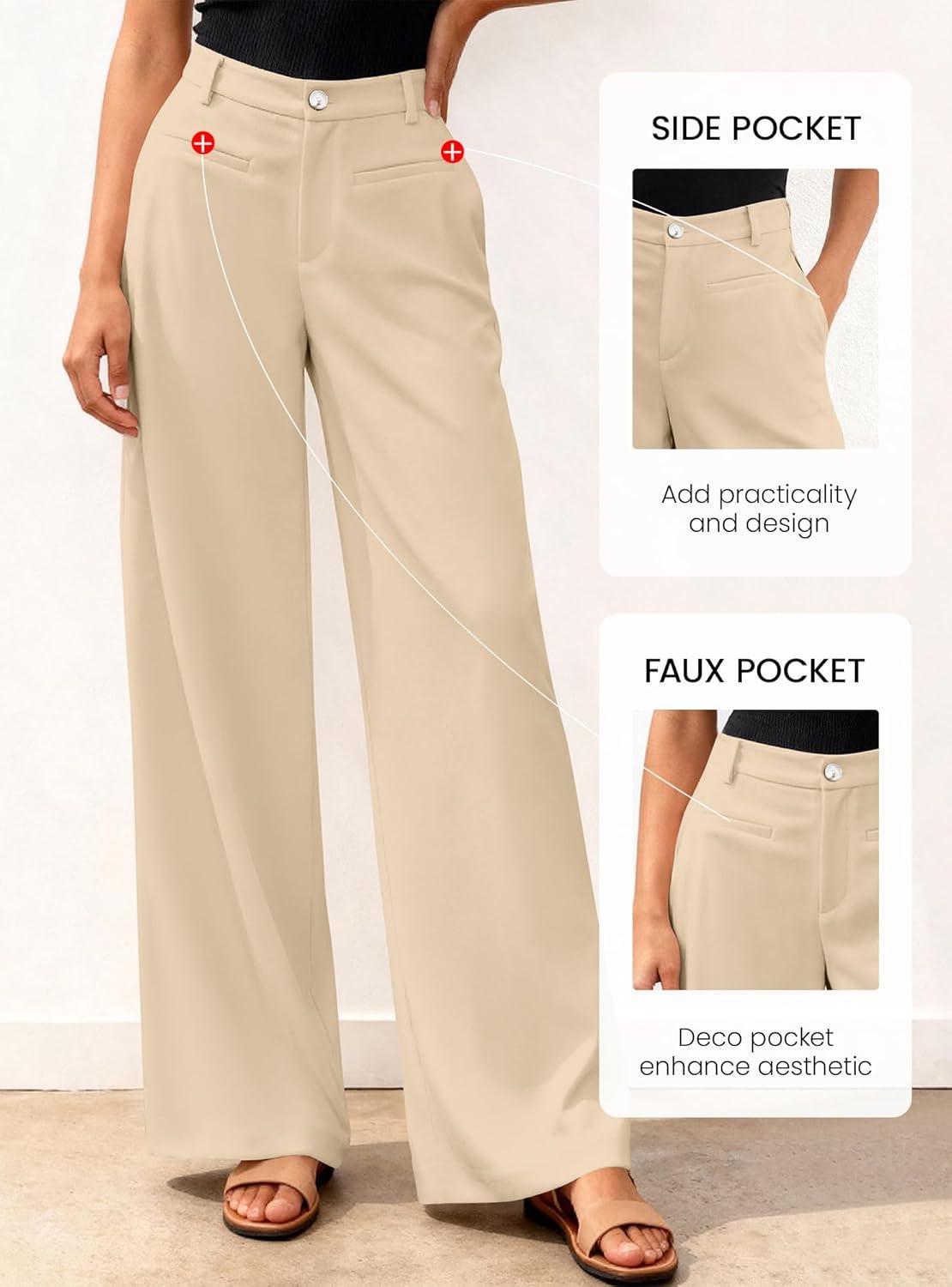 imageBTFBM Women Wide Leg Pants High Waisted Spring 2026 Business Casual Outfits Slacks Trousers Dressy Palazzo Pants PocketsBeige