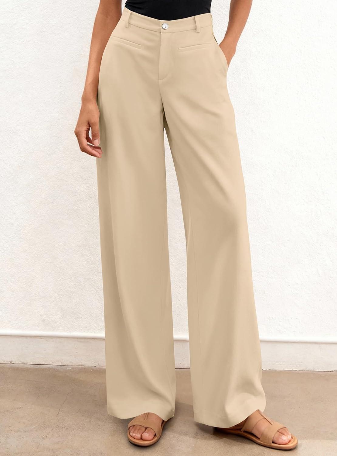 imageBTFBM Women Wide Leg Pants High Waisted Spring 2026 Business Casual Outfits Slacks Trousers Dressy Palazzo Pants PocketsBeige