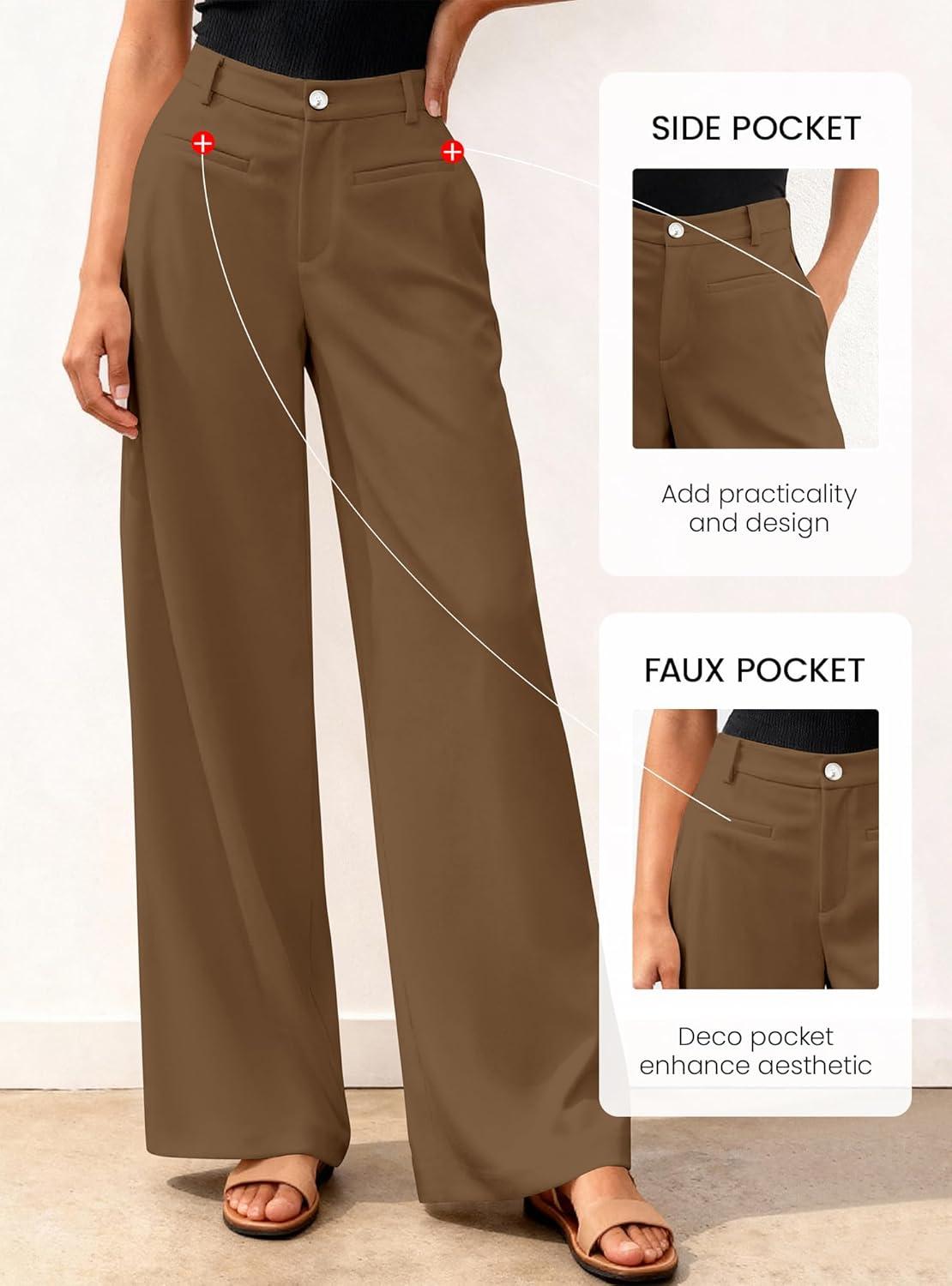 imageBTFBM Women Wide Leg Pants High Waisted Spring 2026 Business Casual Outfits Slacks Trousers Dressy Palazzo Pants PocketsBrown