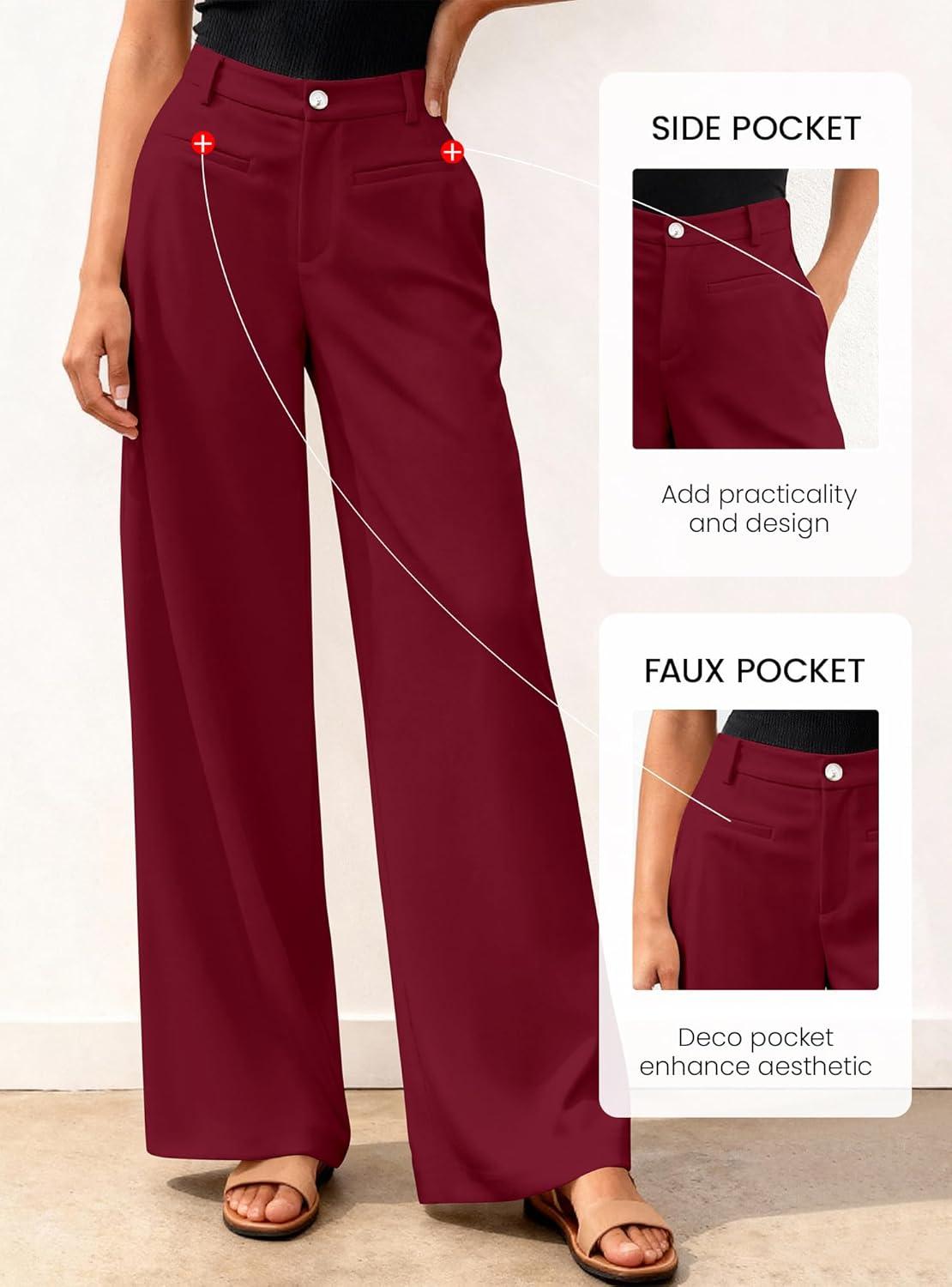imageBTFBM Women Wide Leg Pants High Waisted Spring 2026 Business Casual Outfits Slacks Trousers Dressy Palazzo Pants PocketsBurgundy