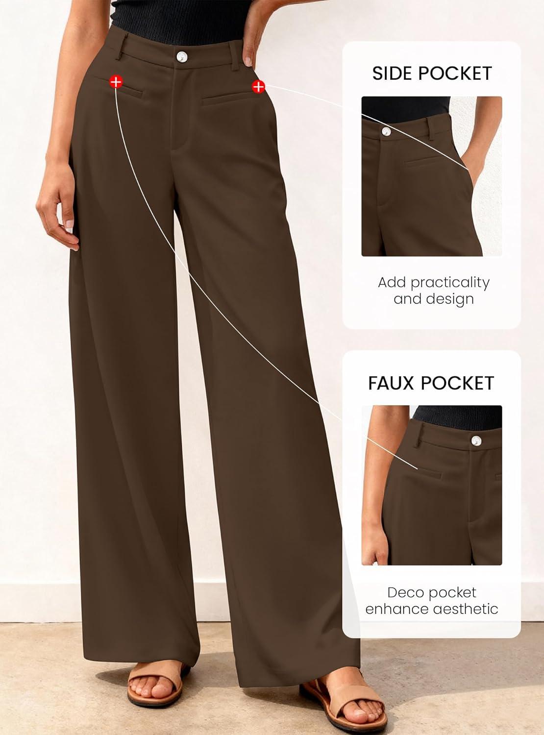 imageBTFBM Women Wide Leg Pants High Waisted Spring 2026 Business Casual Outfits Slacks Trousers Dressy Palazzo Pants PocketsCoffee