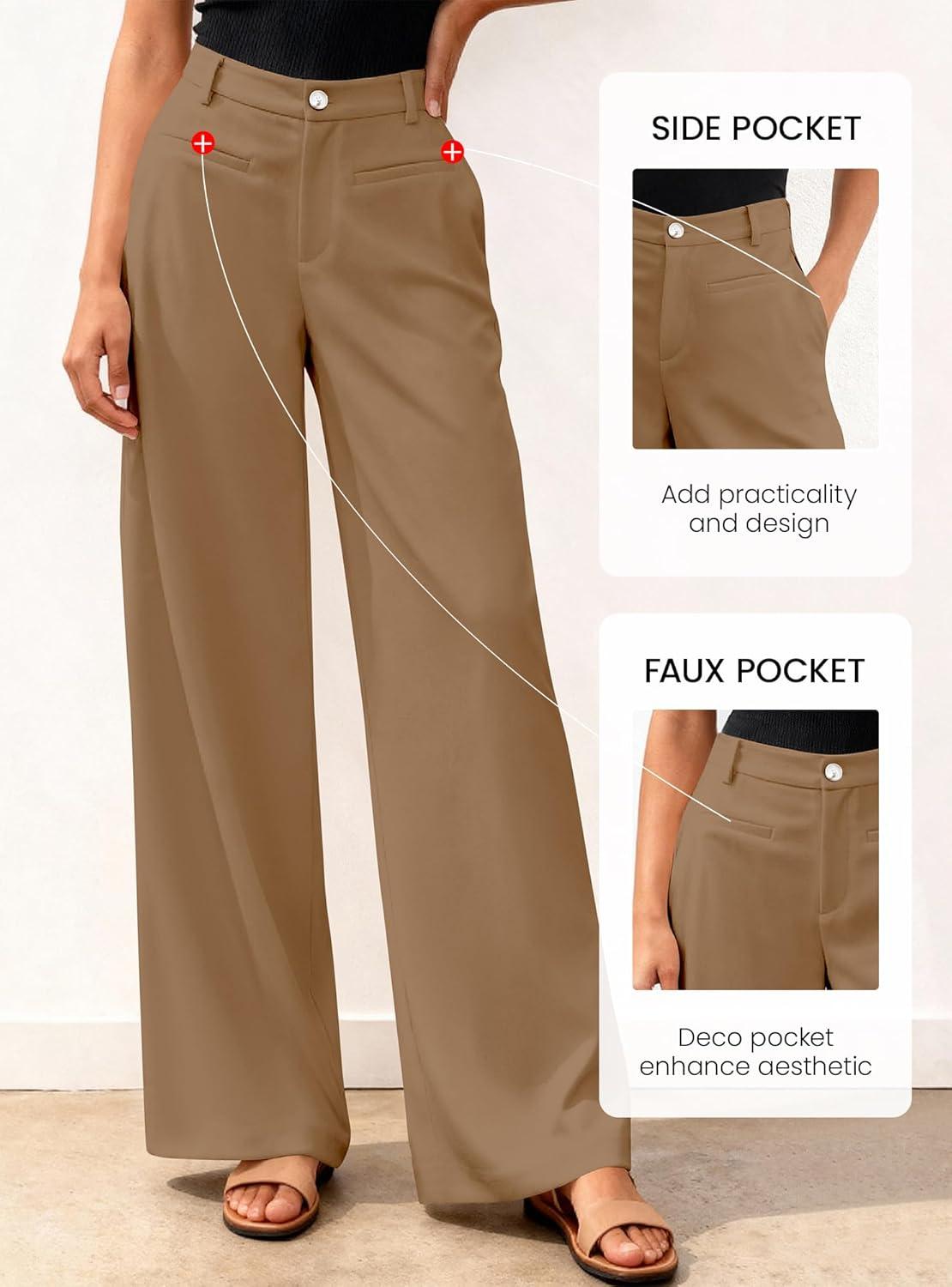 imageBTFBM Women Wide Leg Pants High Waisted Spring 2026 Business Casual Outfits Slacks Trousers Dressy Palazzo Pants PocketsKhaki