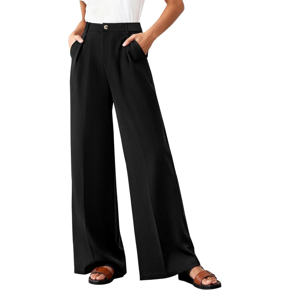 imageBTFBM Wide Leg Pants Woman 2026 High Waisted Button Business Casual Dressy Trousers Office Work Palazzo Pants PocketsBlack