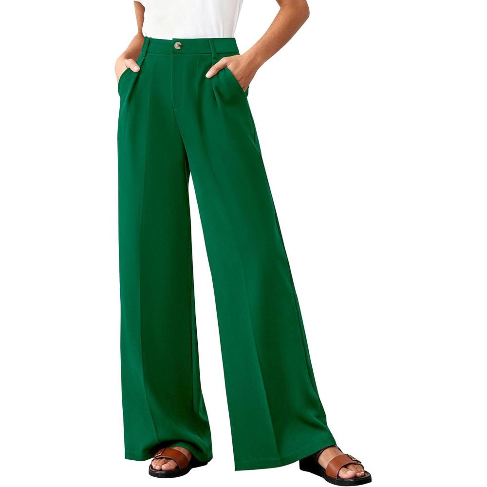imageBTFBM Wide Leg Pants Woman 2026 High Waisted Button Business Casual Dressy Trousers Office Work Palazzo Pants PocketsGreen