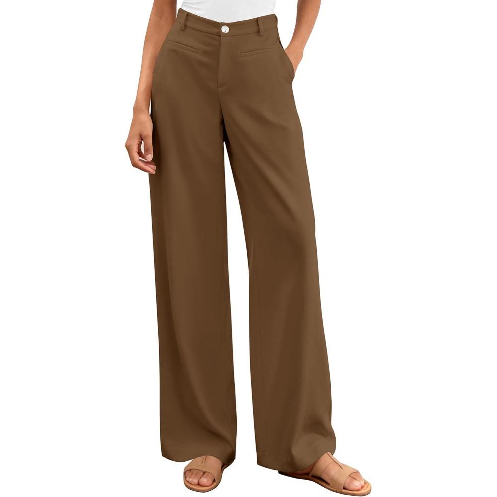 imageBTFBM Women Wide Leg Pants High Waisted Spring 2026 Business Casual Outfits Slacks Trousers Dressy Palazzo Pants PocketsBrown