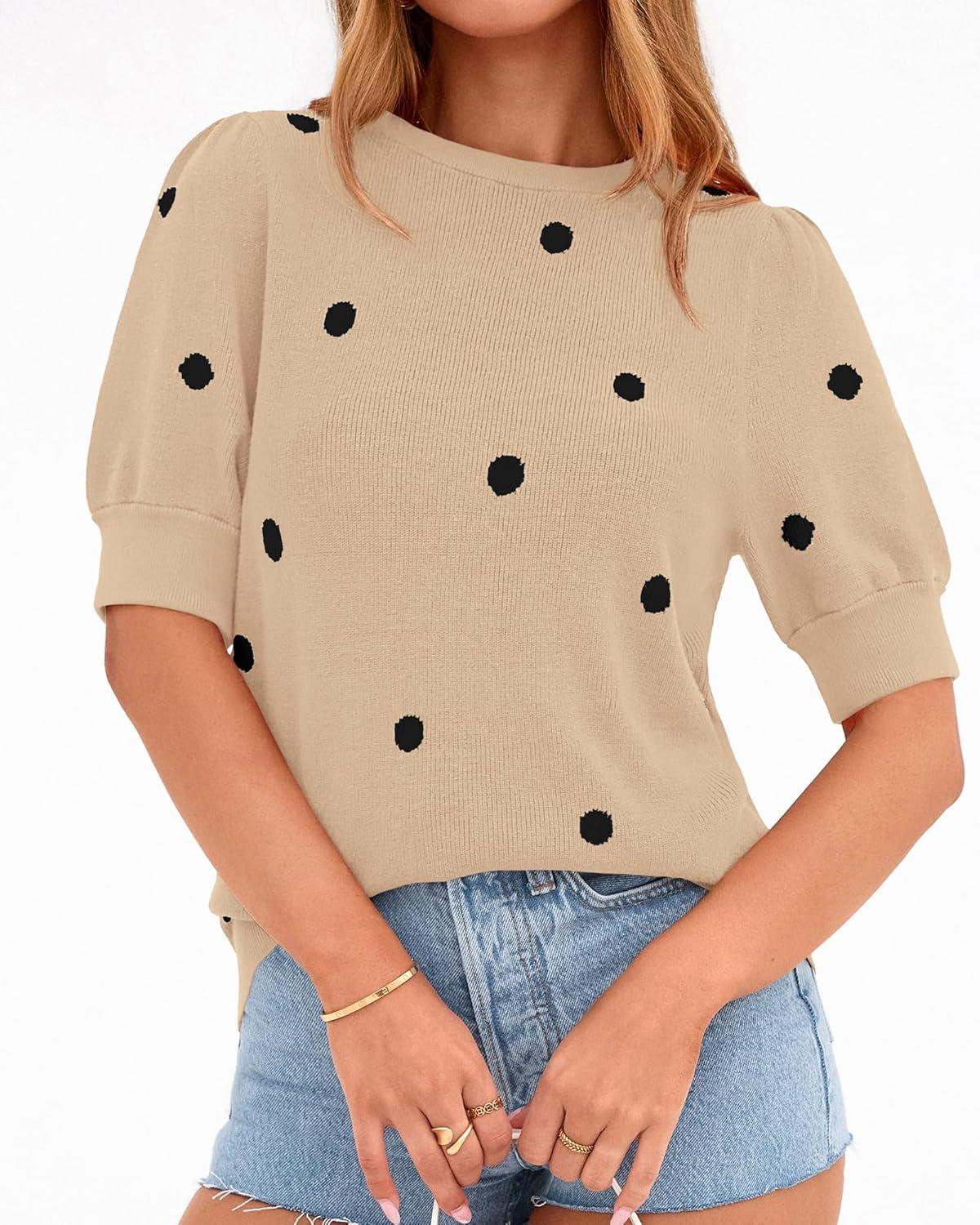 imageBTFBM Womens Sweaters Polka Dot Short Sleeve Sweater for Women Crew Neck Knit Summer Tops Business Dressy Casual BlousesApricot