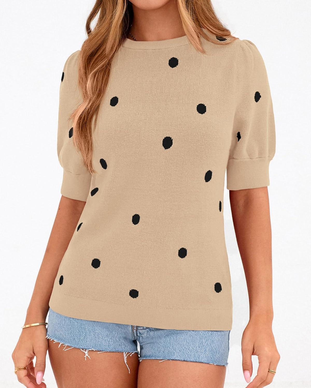 imageBTFBM Womens Sweaters Polka Dot Short Sleeve Sweater for Women Crew Neck Knit Summer Tops Business Dressy Casual BlousesApricot