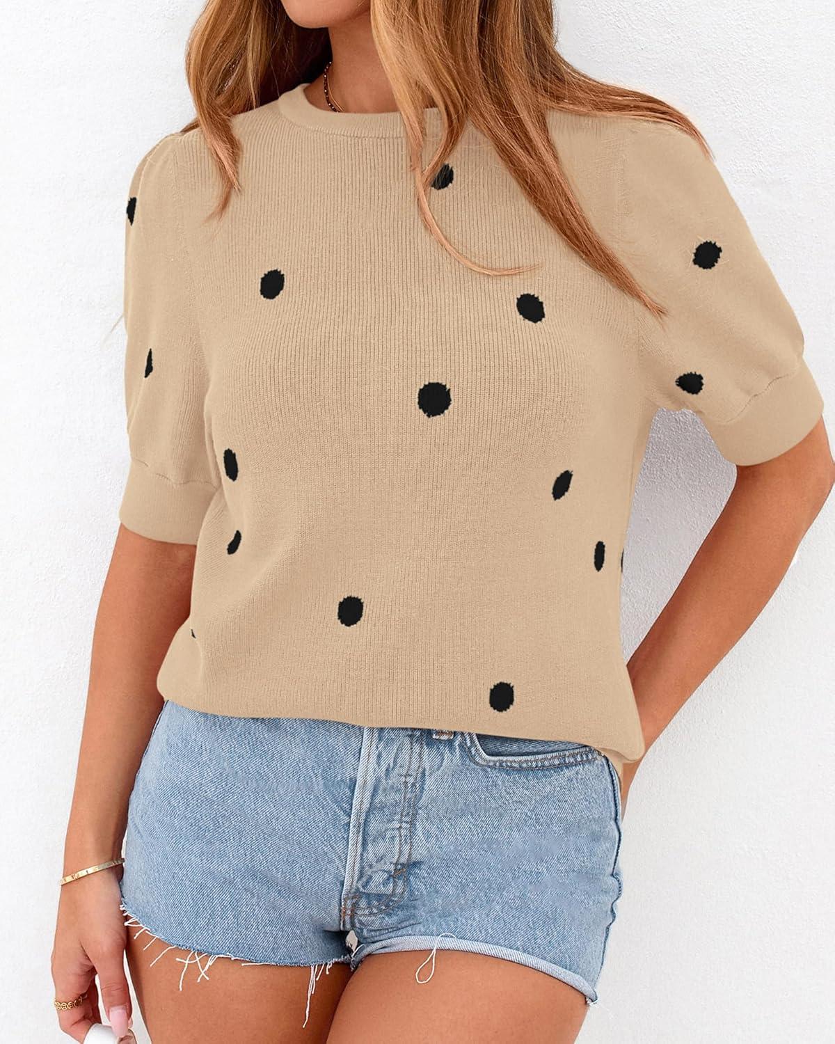 imageBTFBM Womens Sweaters Polka Dot Short Sleeve Sweater for Women Crew Neck Knit Summer Tops Business Dressy Casual BlousesApricot