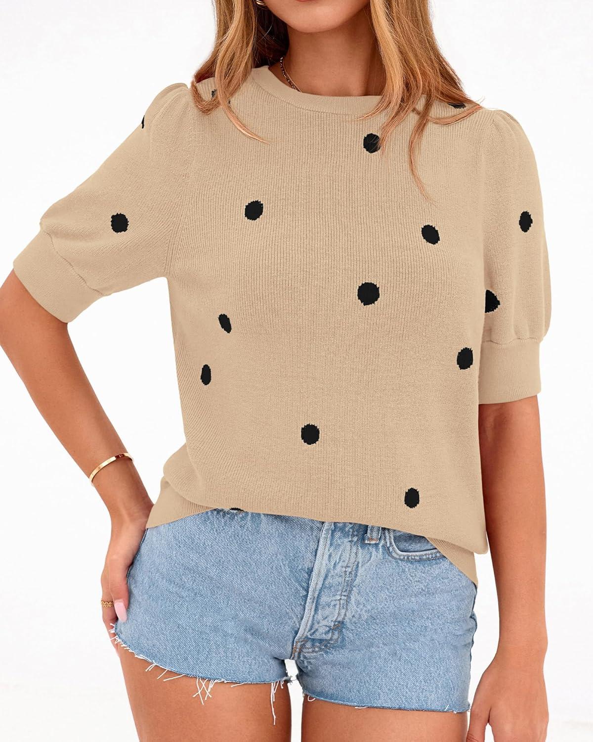 imageBTFBM Womens Sweaters Polka Dot Short Sleeve Sweater for Women Crew Neck Knit Summer Tops Business Dressy Casual BlousesApricot