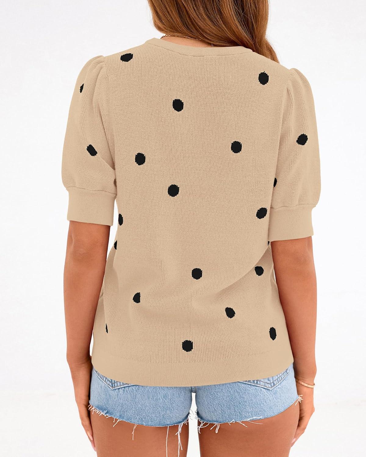 imageBTFBM Womens Sweaters Polka Dot Short Sleeve Sweater for Women Crew Neck Knit Summer Tops Business Dressy Casual BlousesApricot