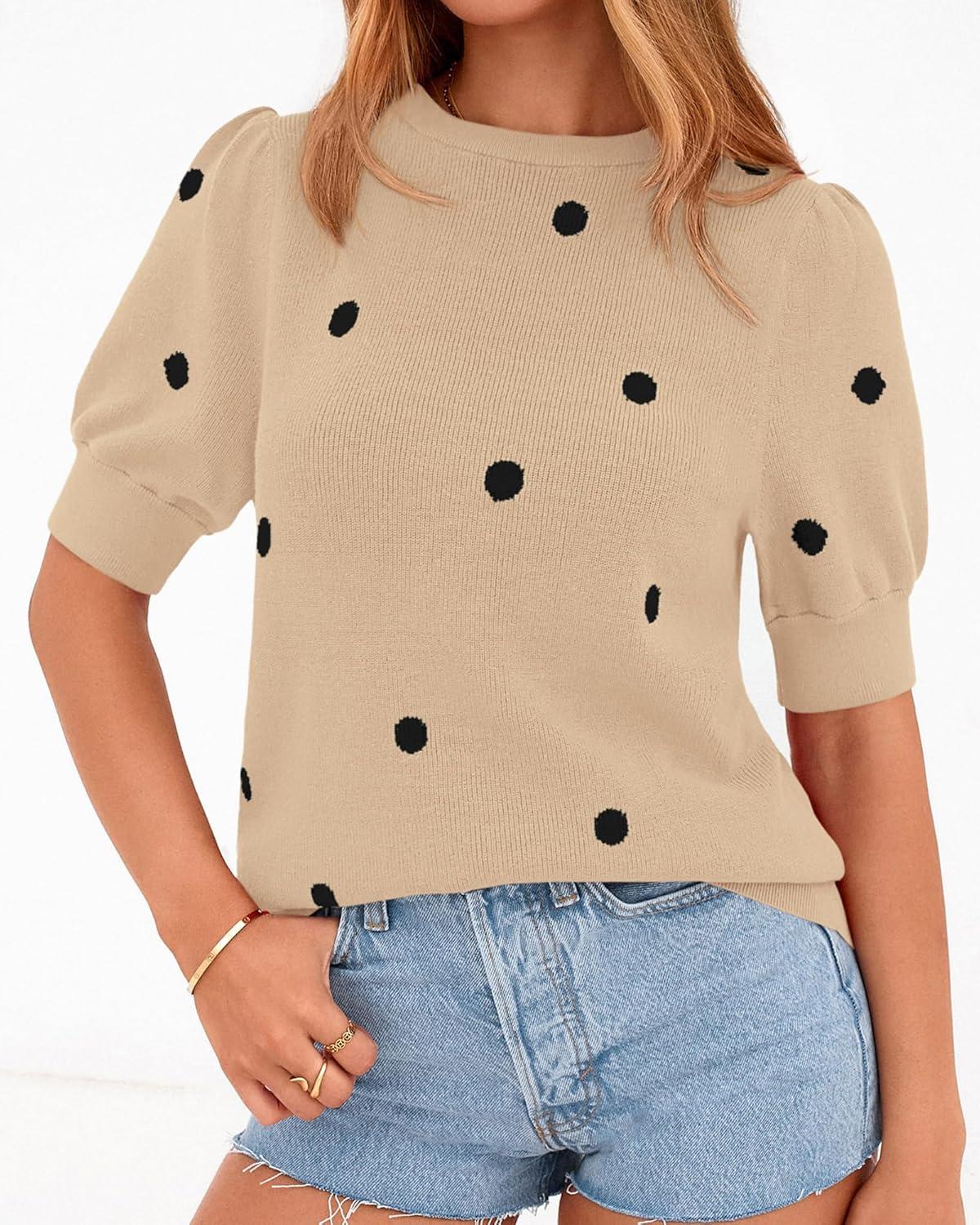 imageBTFBM Womens Sweaters Polka Dot Short Sleeve Sweater for Women Crew Neck Knit Summer Tops Business Dressy Casual BlousesApricot