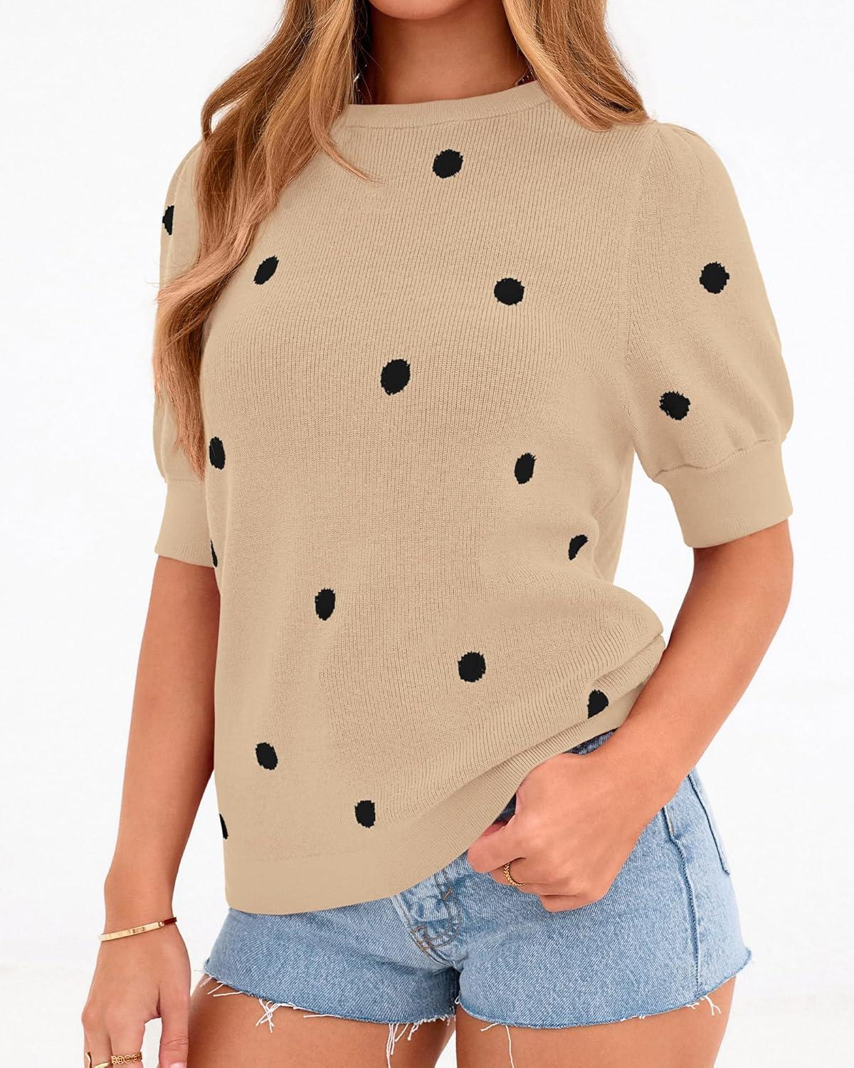 imageBTFBM Womens Sweaters Polka Dot Short Sleeve Sweater for Women Crew Neck Knit Summer Tops Business Dressy Casual BlousesApricot