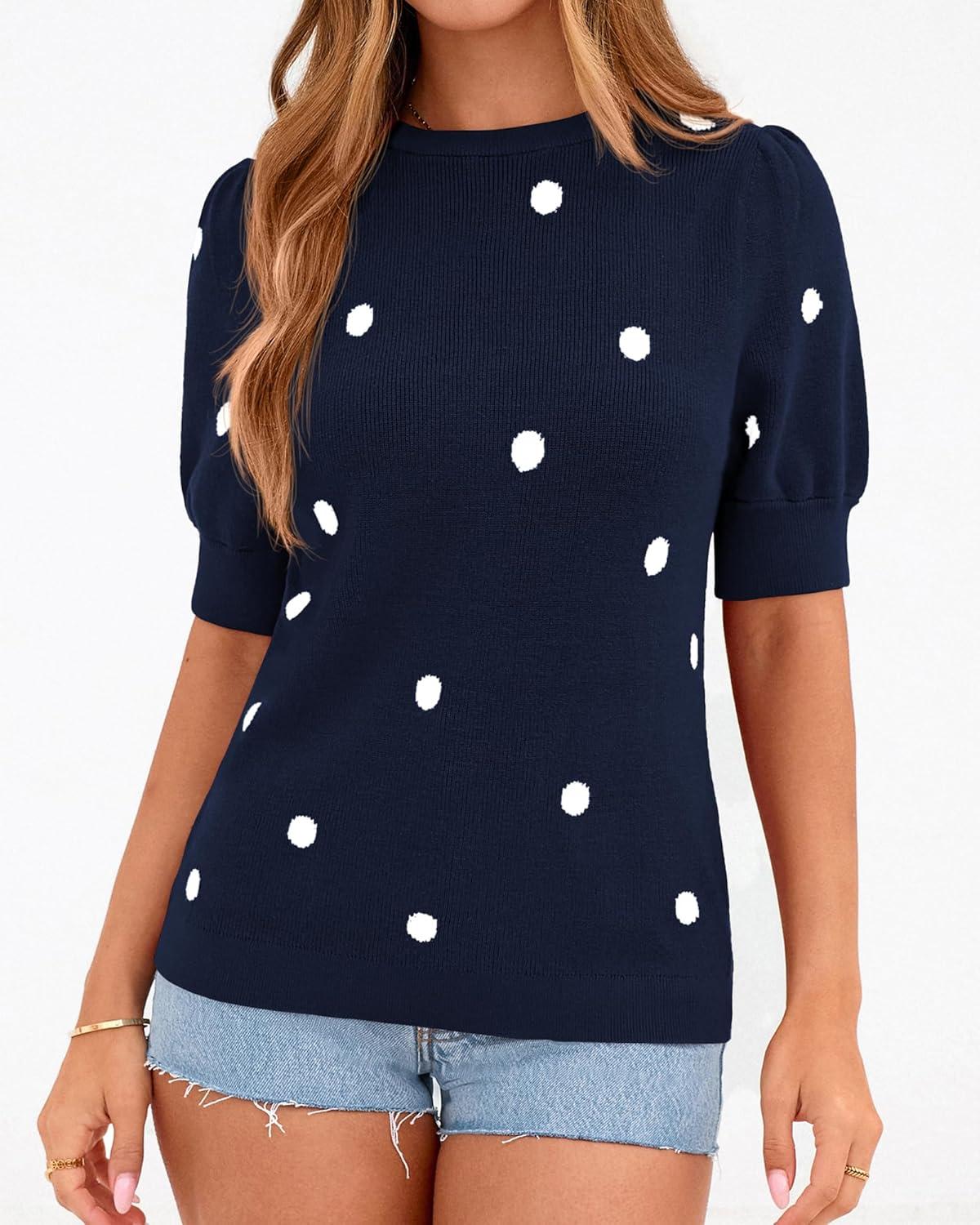 imageBTFBM Womens Sweaters Polka Dot Short Sleeve Sweater for Women Crew Neck Knit Summer Tops Business Dressy Casual BlousesNavy