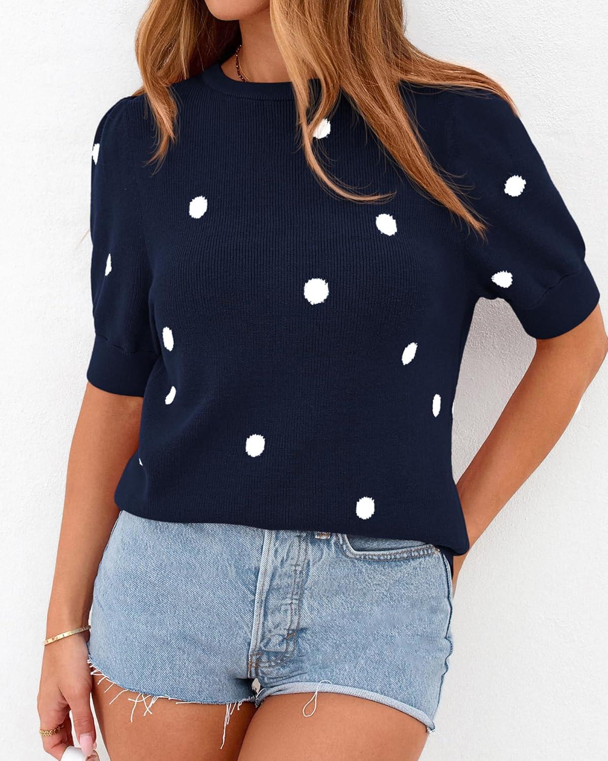 imageBTFBM Womens Sweaters Polka Dot Short Sleeve Sweater for Women Crew Neck Knit Summer Tops Business Dressy Casual BlousesNavy
