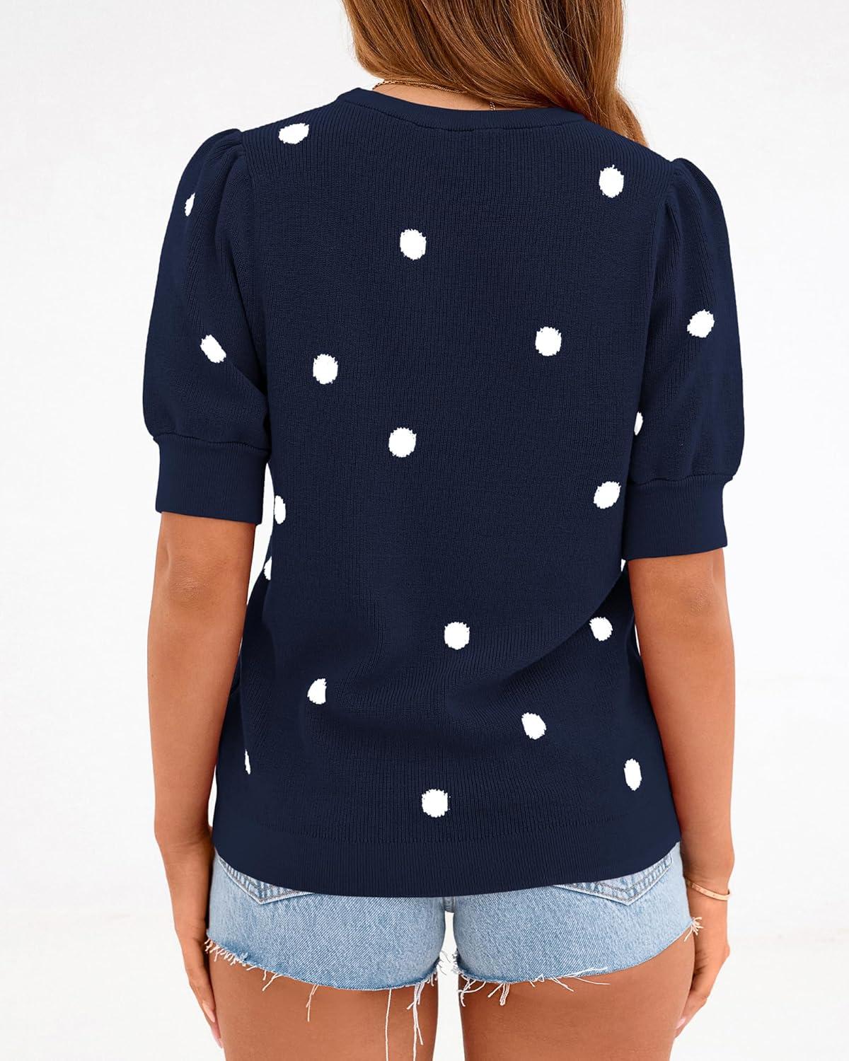 imageBTFBM Womens Sweaters Polka Dot Short Sleeve Sweater for Women Crew Neck Knit Summer Tops Business Dressy Casual BlousesNavy