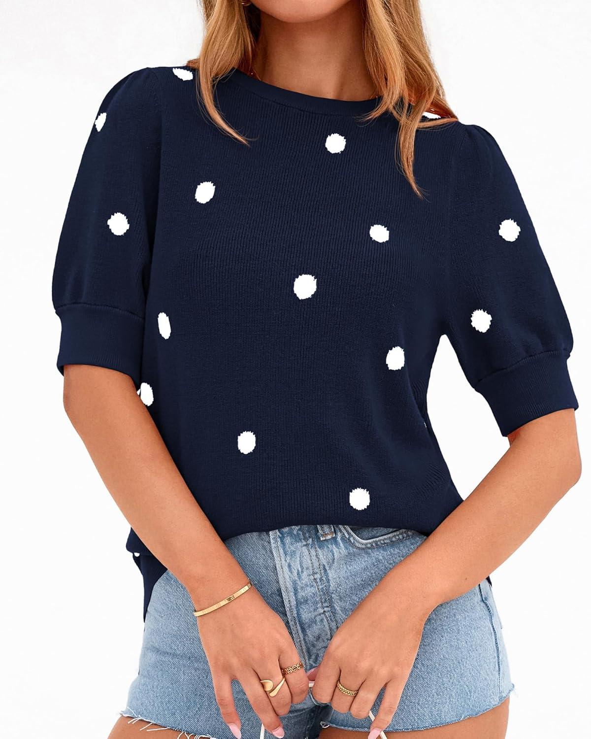 imageBTFBM Womens Sweaters Polka Dot Short Sleeve Sweater for Women Crew Neck Knit Summer Tops Business Dressy Casual BlousesNavy