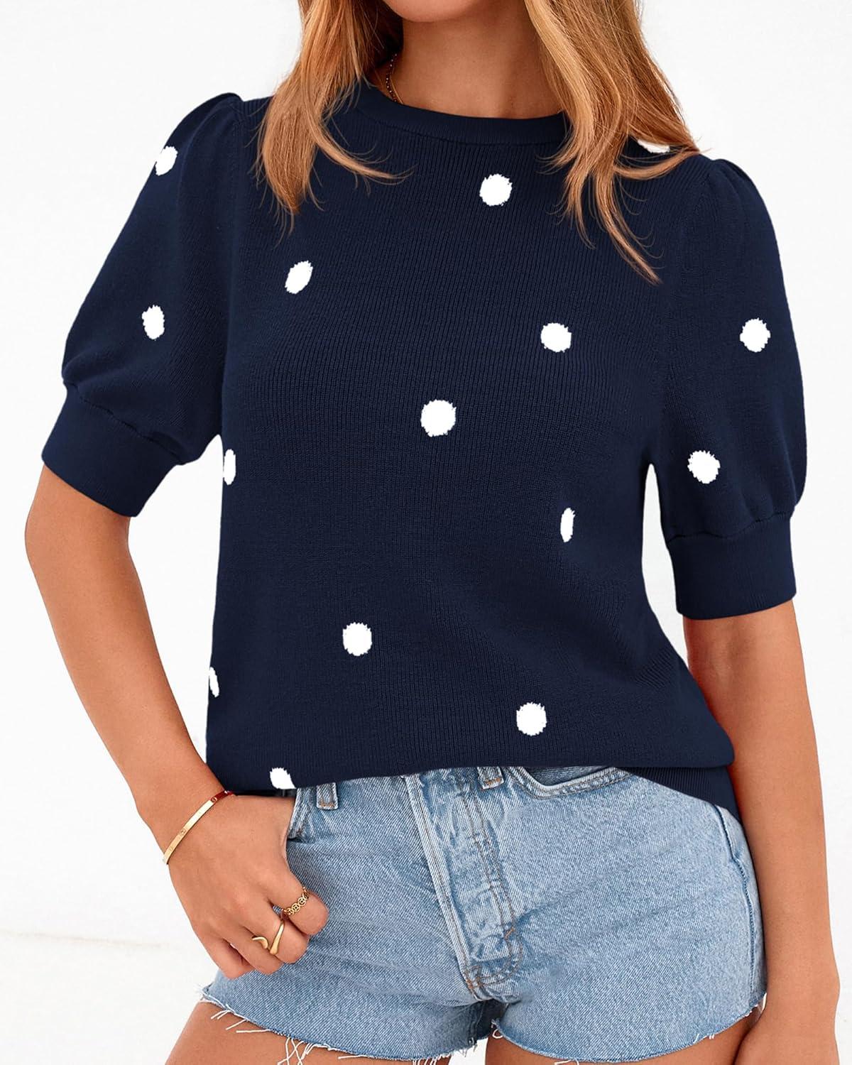 imageBTFBM Womens Sweaters Polka Dot Short Sleeve Sweater for Women Crew Neck Knit Summer Tops Business Dressy Casual BlousesNavy