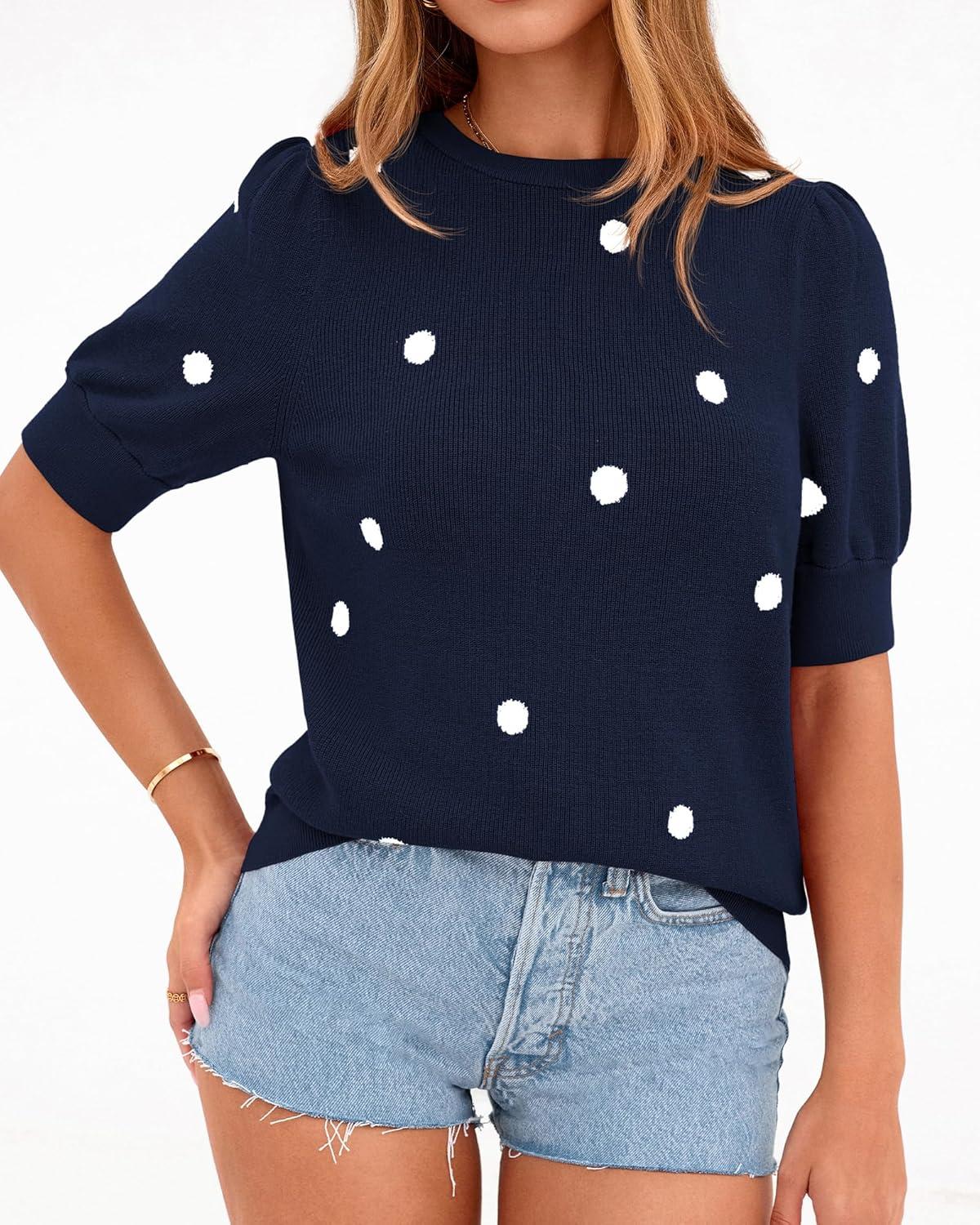imageBTFBM Womens Sweaters Polka Dot Short Sleeve Sweater for Women Crew Neck Knit Summer Tops Business Dressy Casual BlousesNavy