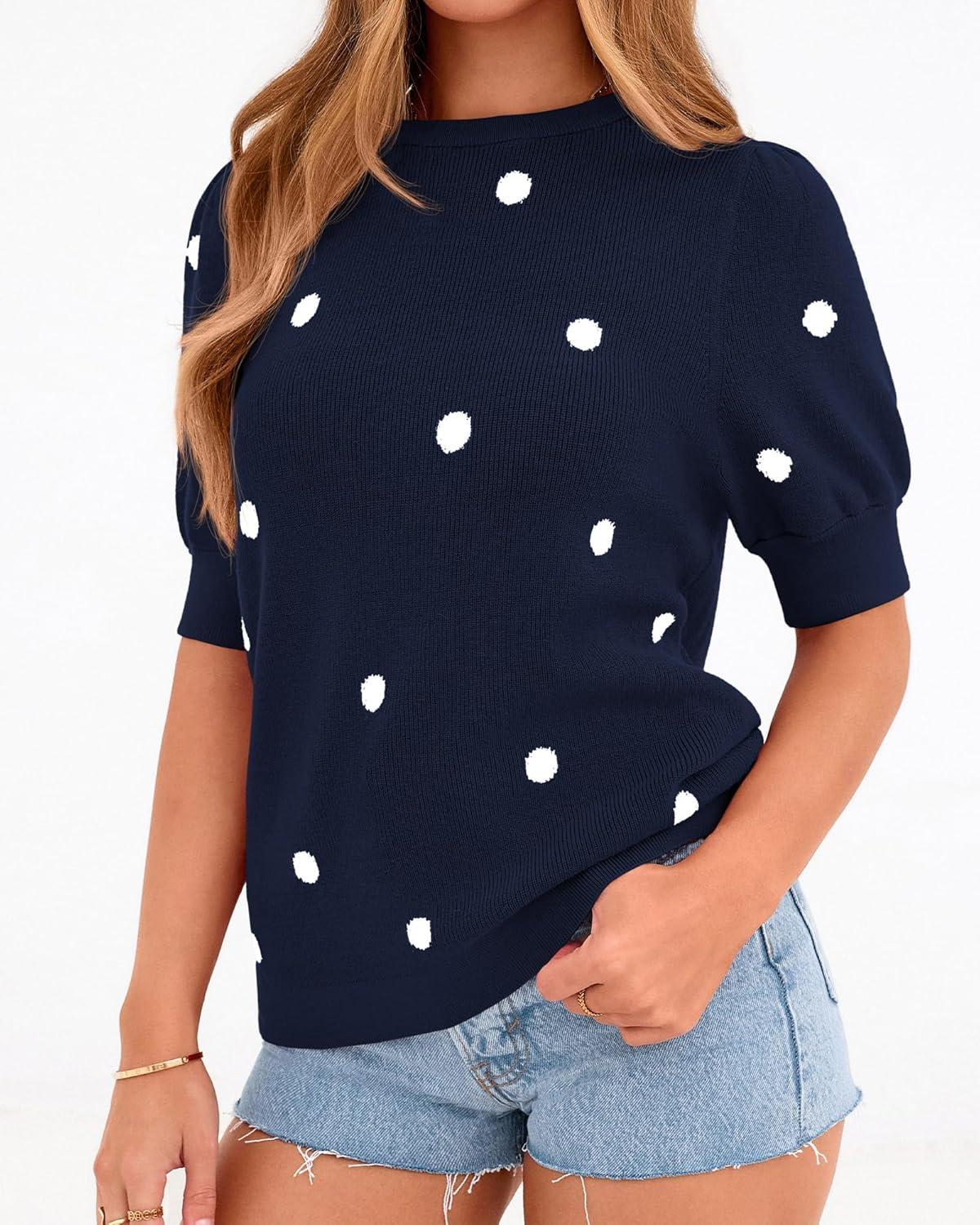 imageBTFBM Womens Sweaters Polka Dot Short Sleeve Sweater for Women Crew Neck Knit Summer Tops Business Dressy Casual BlousesNavy