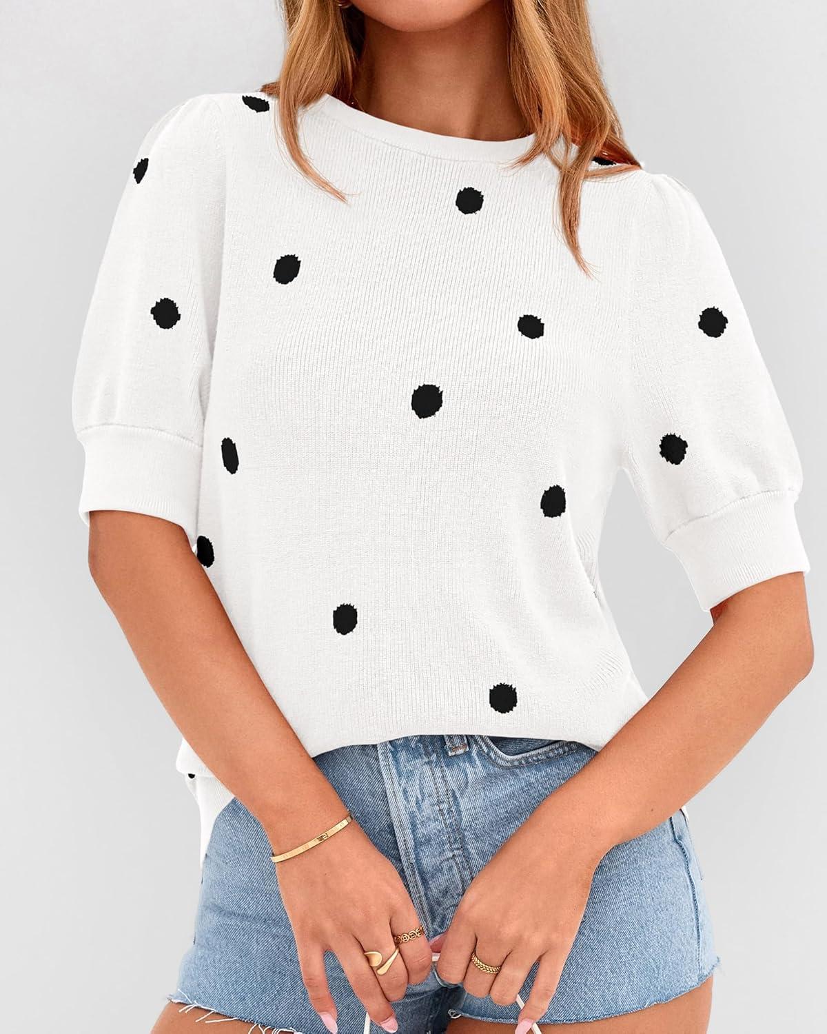 imageBTFBM Womens Sweaters Polka Dot Short Sleeve Sweater for Women Crew Neck Knit Summer Tops Business Dressy Casual BlousesWhite