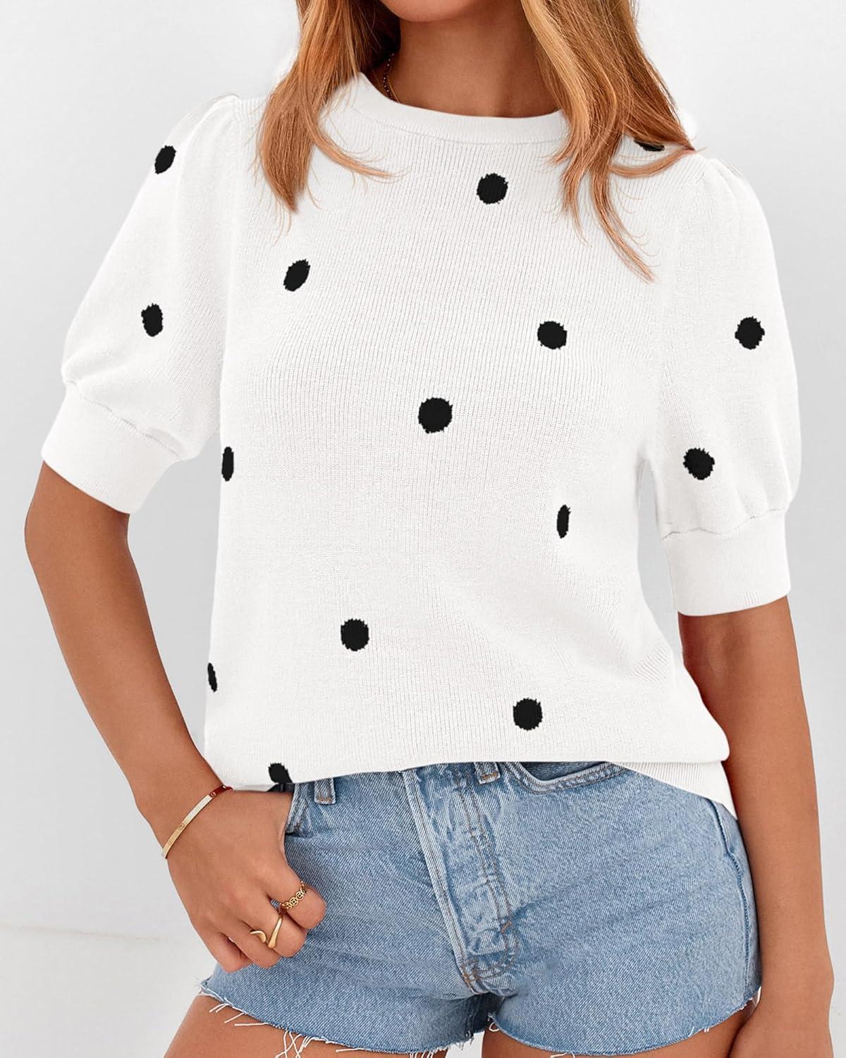 imageBTFBM Womens Sweaters Polka Dot Short Sleeve Sweater for Women Crew Neck Knit Summer Tops Business Dressy Casual BlousesWhite
