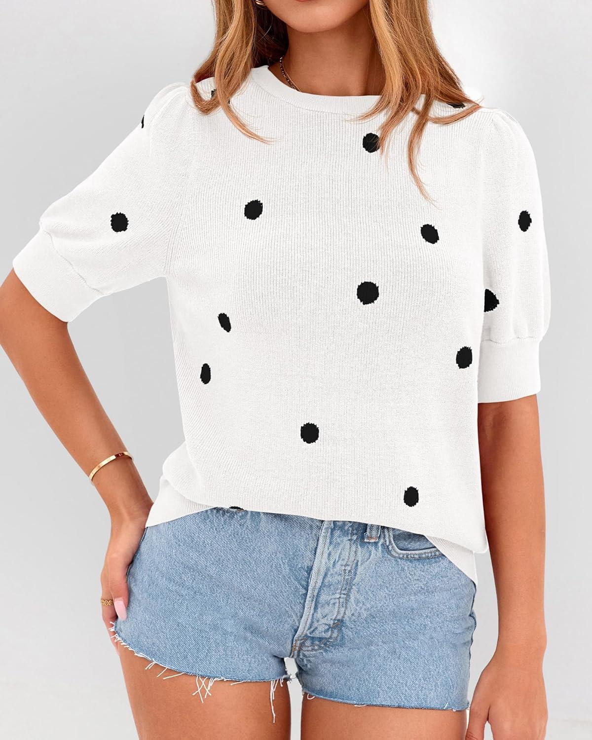 imageBTFBM Womens Sweaters Polka Dot Short Sleeve Sweater for Women Crew Neck Knit Summer Tops Business Dressy Casual BlousesWhite