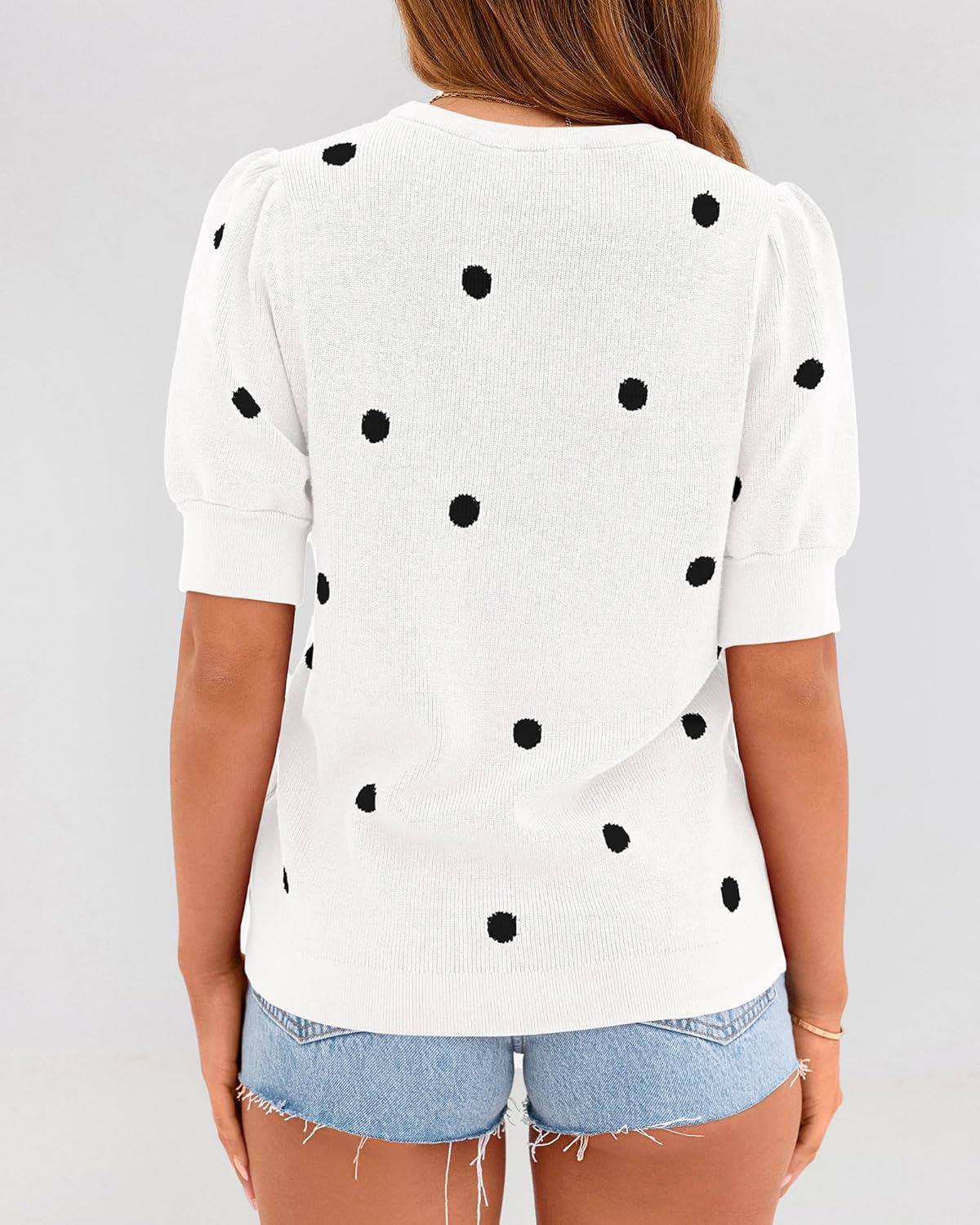 imageBTFBM Womens Sweaters Polka Dot Short Sleeve Sweater for Women Crew Neck Knit Summer Tops Business Dressy Casual BlousesWhite