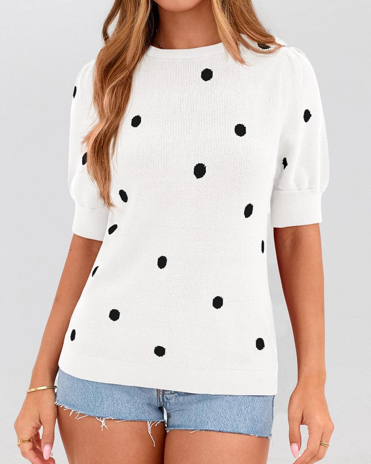imageBTFBM Womens Sweaters Polka Dot Short Sleeve Sweater for Women Crew Neck Knit Summer Tops Business Dressy Casual BlousesWhite