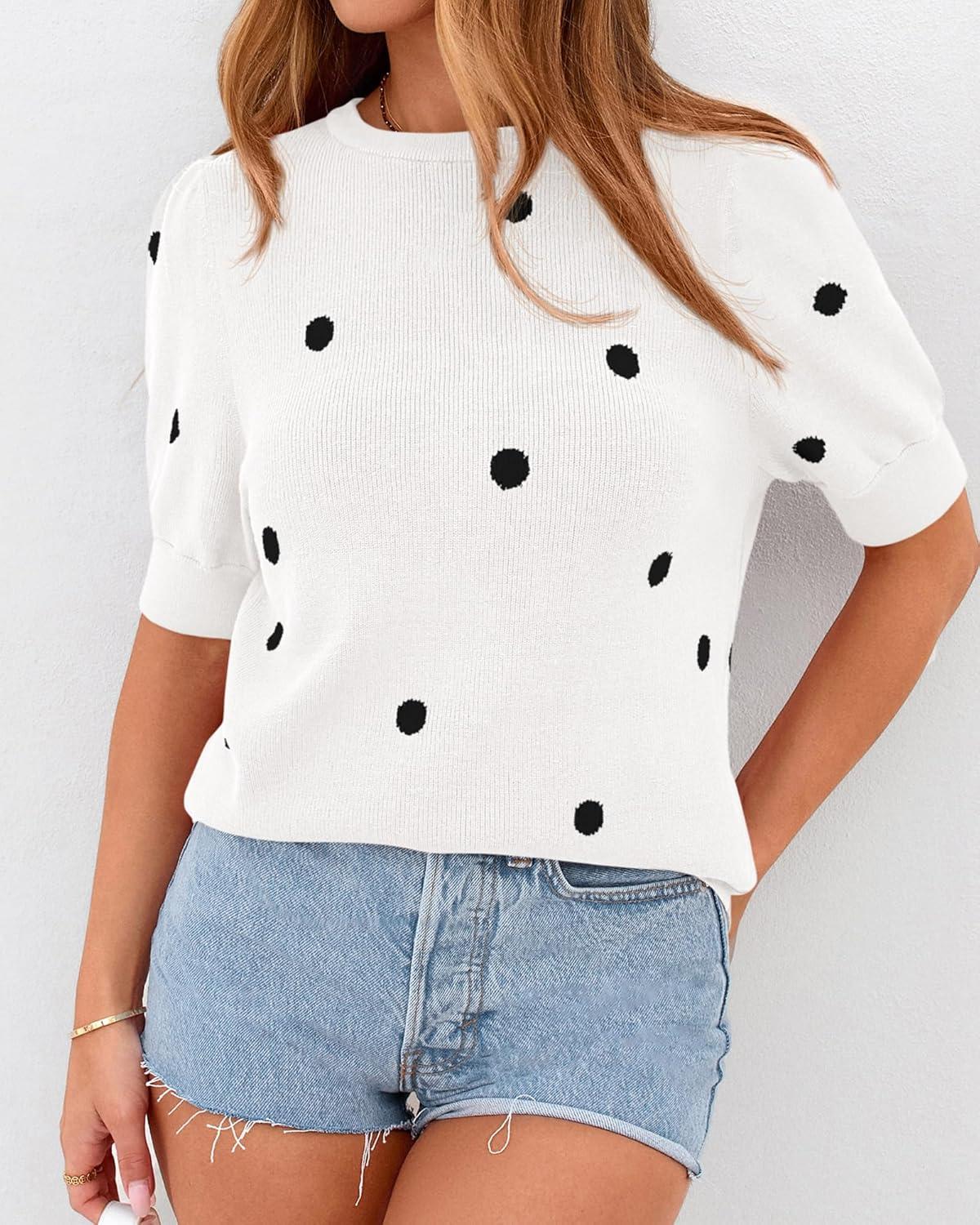 imageBTFBM Womens Sweaters Polka Dot Short Sleeve Sweater for Women Crew Neck Knit Summer Tops Business Dressy Casual BlousesWhite