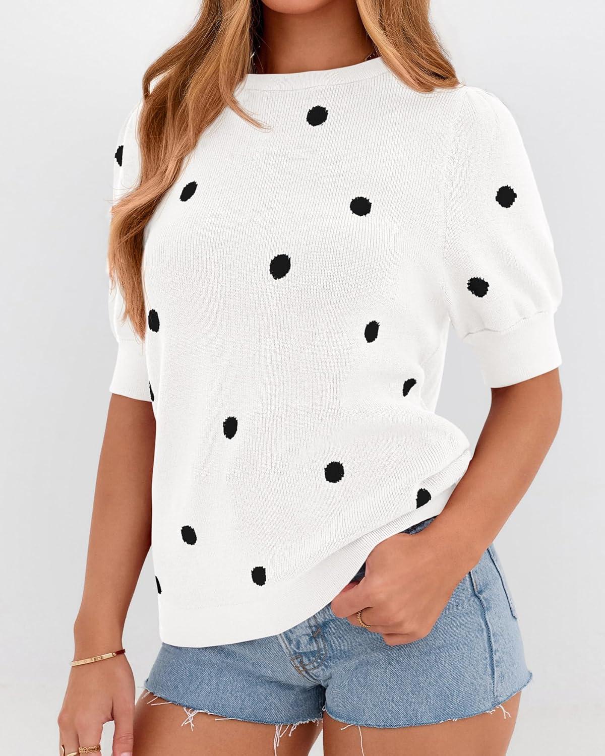 imageBTFBM Womens Sweaters Polka Dot Short Sleeve Sweater for Women Crew Neck Knit Summer Tops Business Dressy Casual BlousesWhite