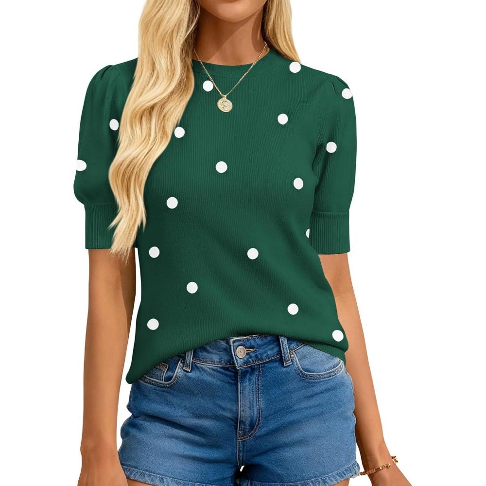 imageBTFBM Womens Sweaters Polka Dot Short Sleeve Sweater for Women Crew Neck Knit Summer Tops Business Dressy Casual BlousesDark Green