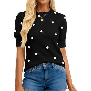 BTFBM Womens Sweaters Polka Dot Short Sleeve Sweater for Women Crew Neck Knit Summer Tops Business Dressy Casual Blouses(Black)