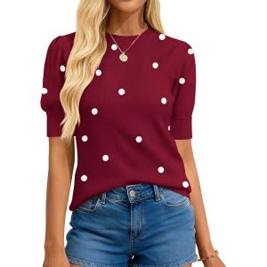 BTFBM Womens Sweaters Polka Dot Short Sleeve Sweater for Women Crew Neck Knit Summer Tops Business Dressy Casual Blouses(Burgundy)