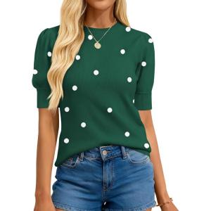 BTFBM Womens Sweaters Polka Dot Short Sleeve Sweater for Women Crew Neck Knit Summer Tops Business Dressy Casual Blouses(Dark Green)