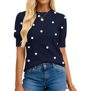 BTFBM Womens Sweaters Polka Dot Short Sleeve Sweater for Women Crew Neck Knit Summer Tops Business Dressy Casual Blouses(Navy)