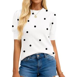BTFBM Womens Sweaters Polka Dot Short Sleeve Sweater for Women Crew Neck Knit Summer Tops Business Dressy Casual Blouses(White)