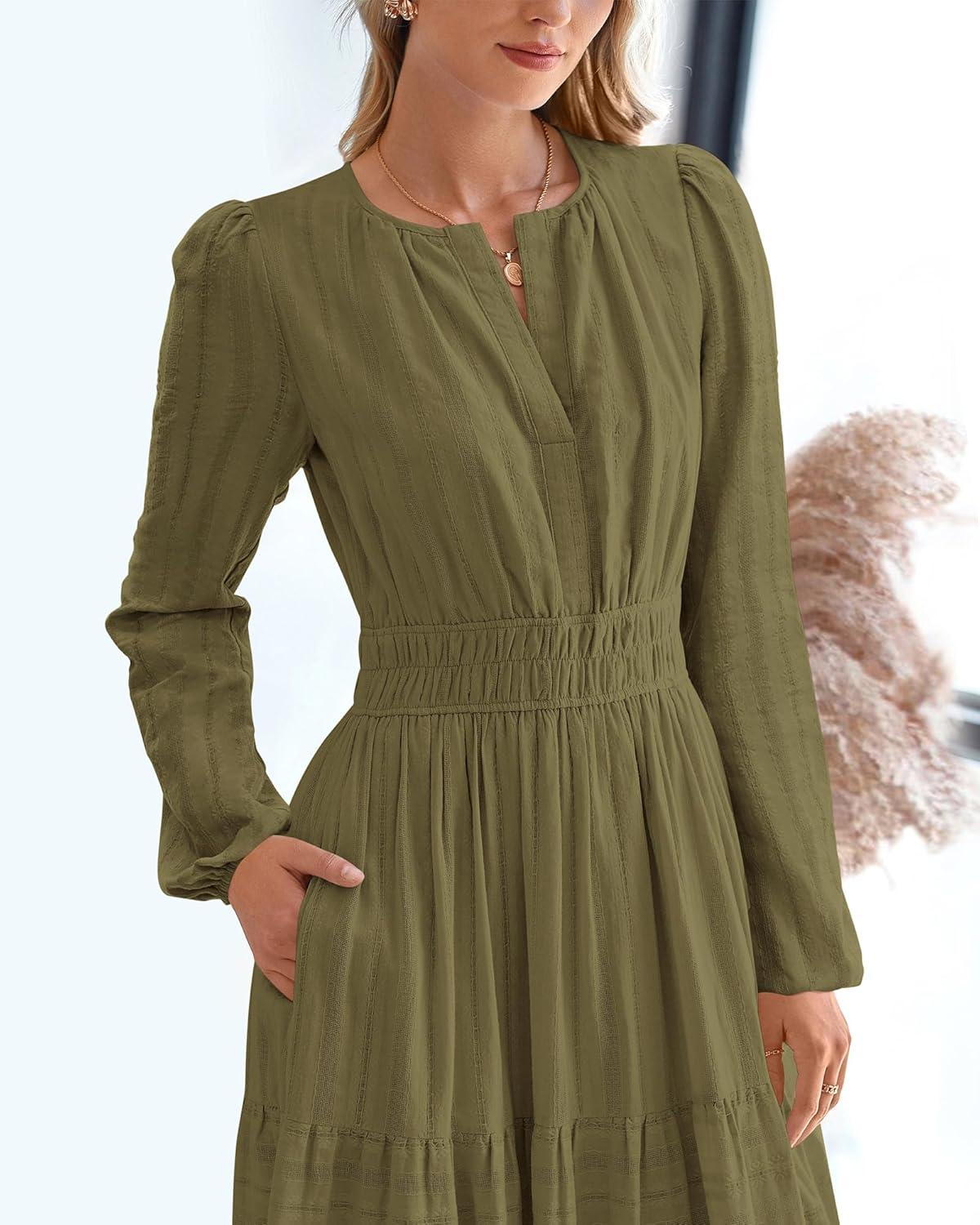 imageBTFBM Spring Dresses for Women 2026 Casual Long Sleeve V Neck Elastic Waist Lightweight Maxi Wedding Guest Dress PocketsArmy Green