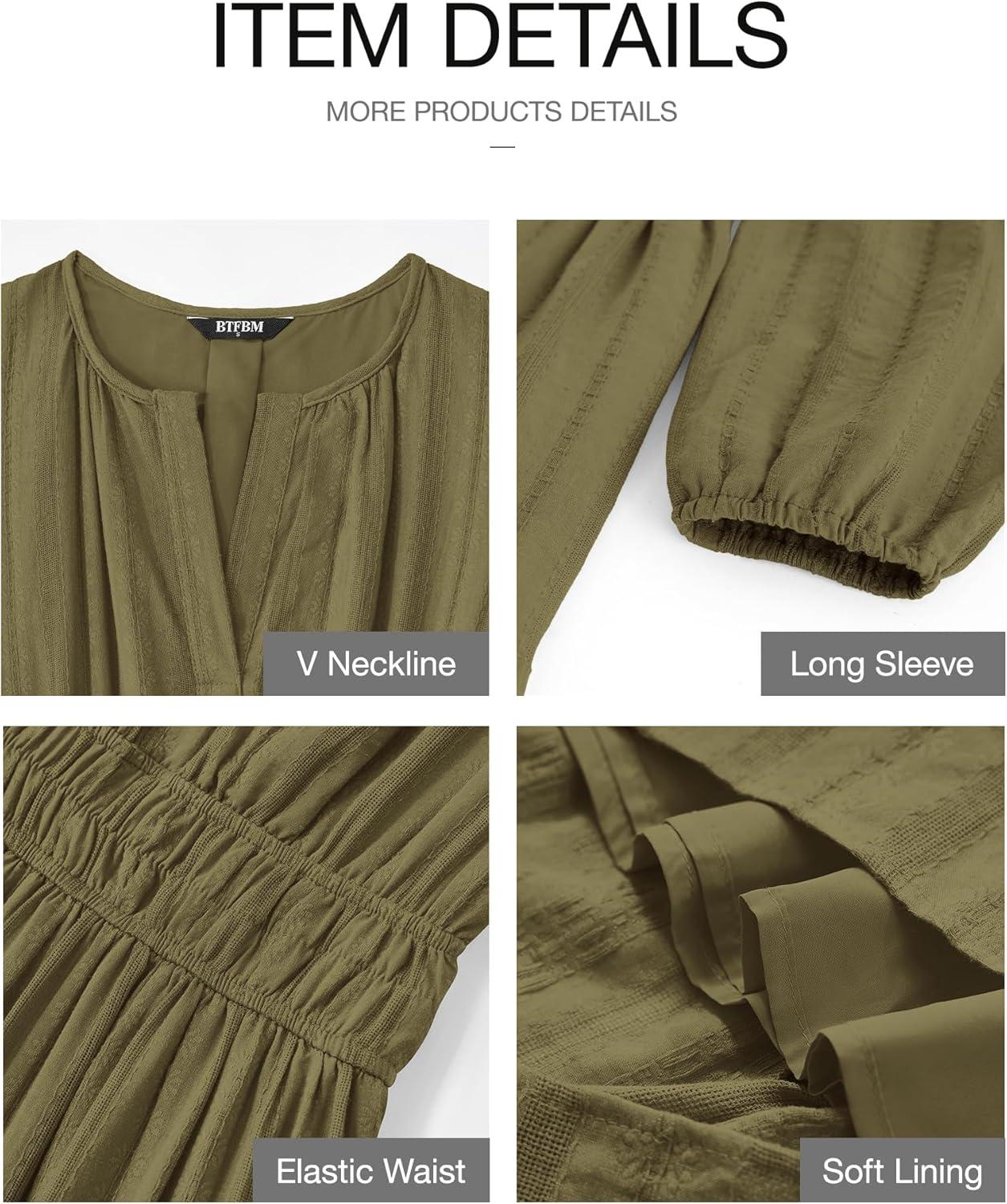 imageBTFBM Spring Dresses for Women 2026 Casual Long Sleeve V Neck Elastic Waist Lightweight Maxi Wedding Guest Dress PocketsArmy Green