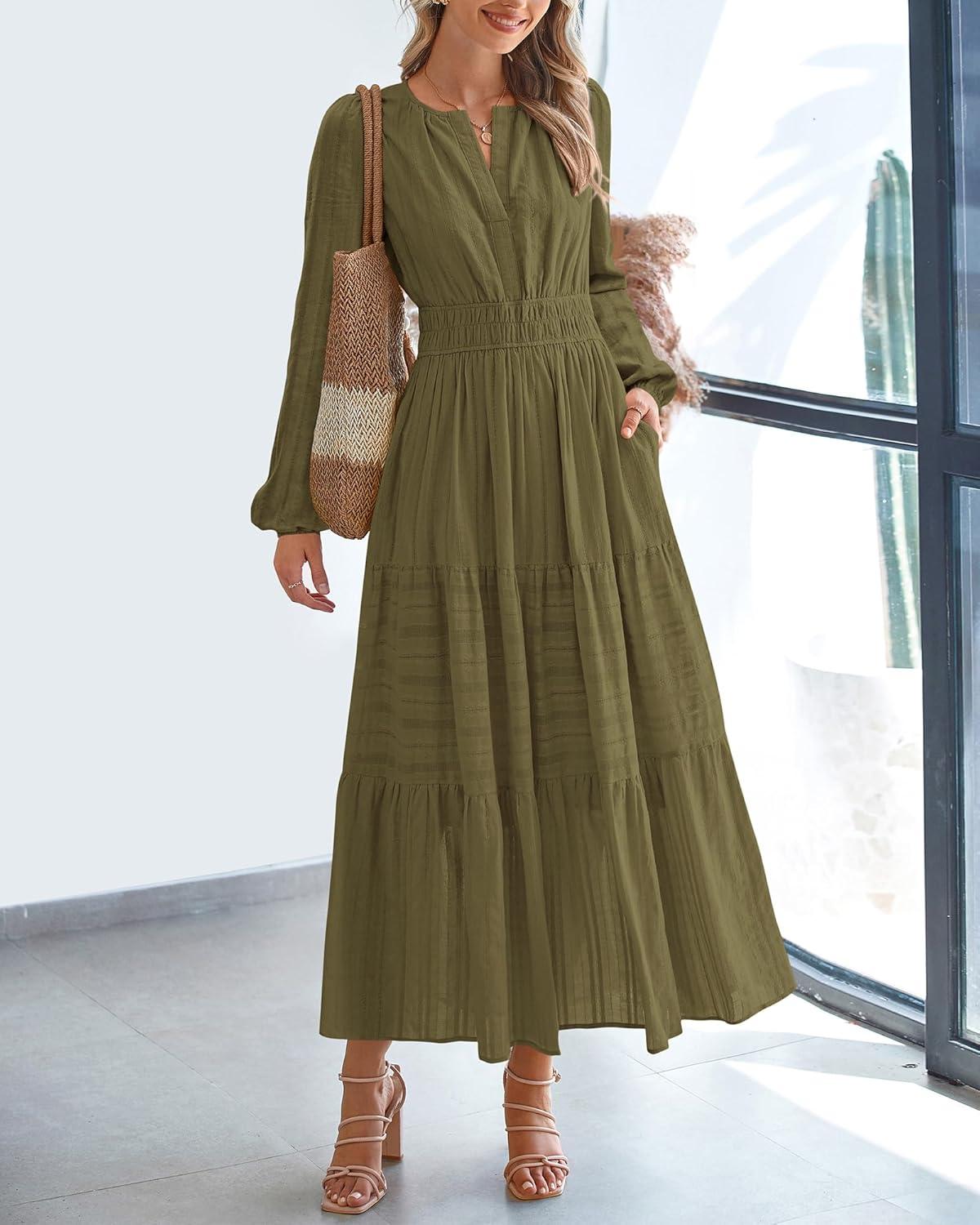 imageBTFBM Spring Dresses for Women 2026 Casual Long Sleeve V Neck Elastic Waist Lightweight Maxi Wedding Guest Dress PocketsArmy Green