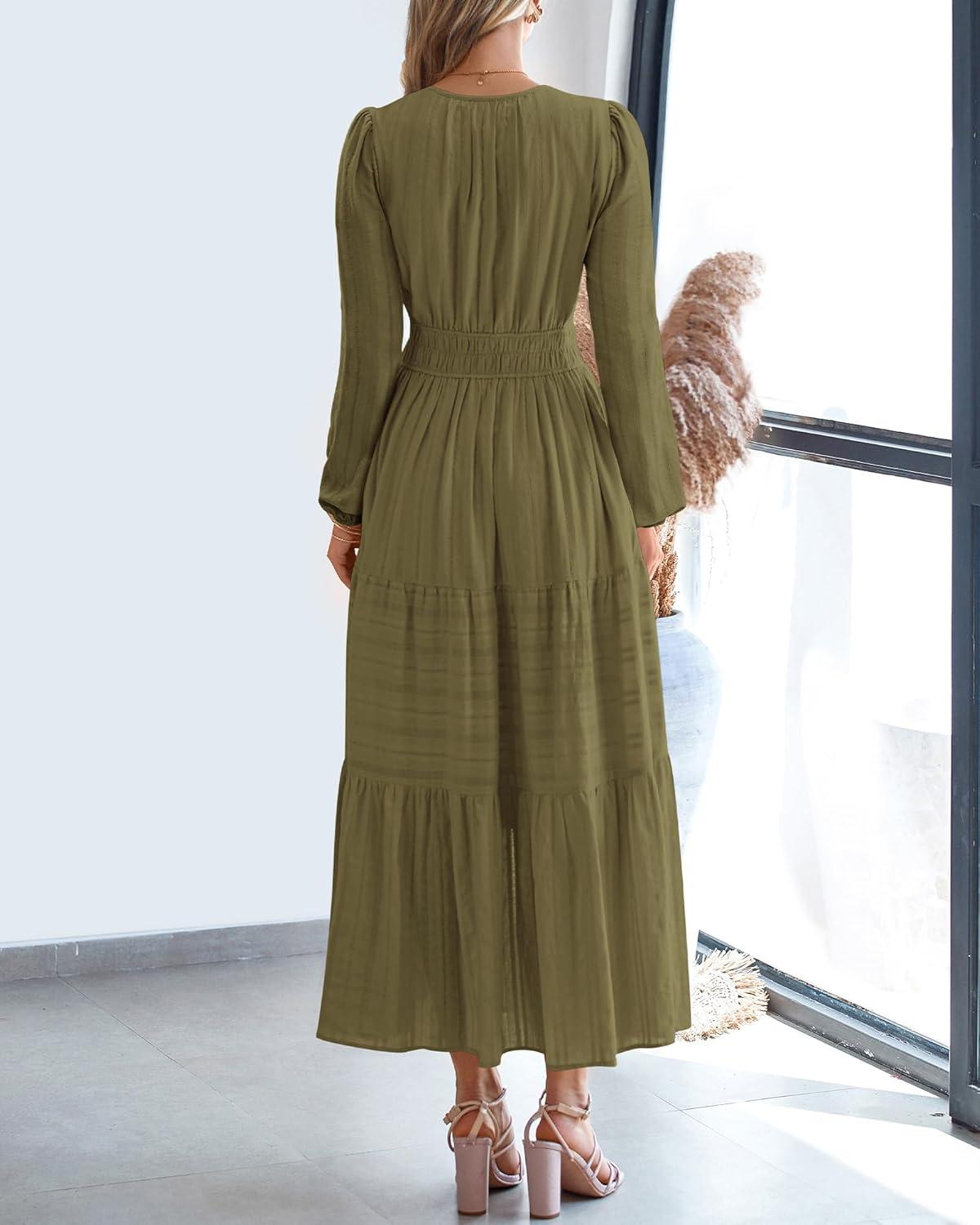 imageBTFBM Spring Dresses for Women 2026 Casual Long Sleeve V Neck Elastic Waist Lightweight Maxi Wedding Guest Dress PocketsArmy Green