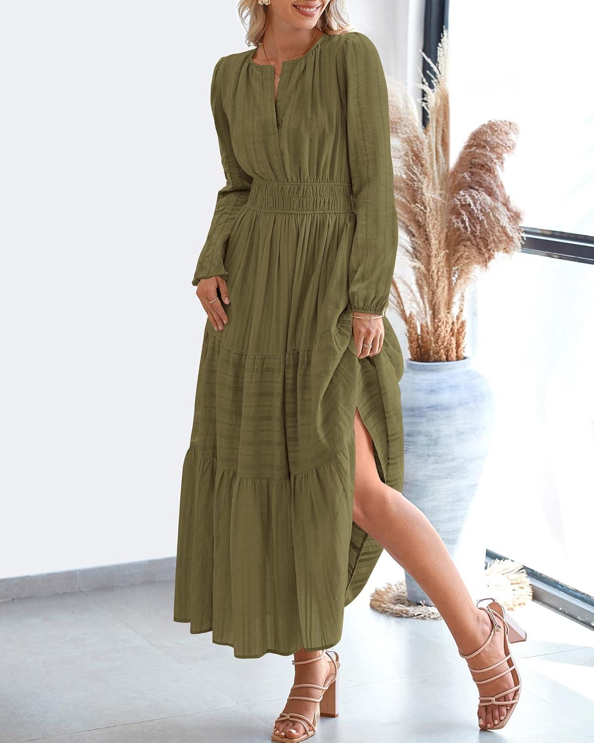 imageBTFBM Spring Dresses for Women 2026 Casual Long Sleeve V Neck Elastic Waist Lightweight Maxi Wedding Guest Dress PocketsArmy Green