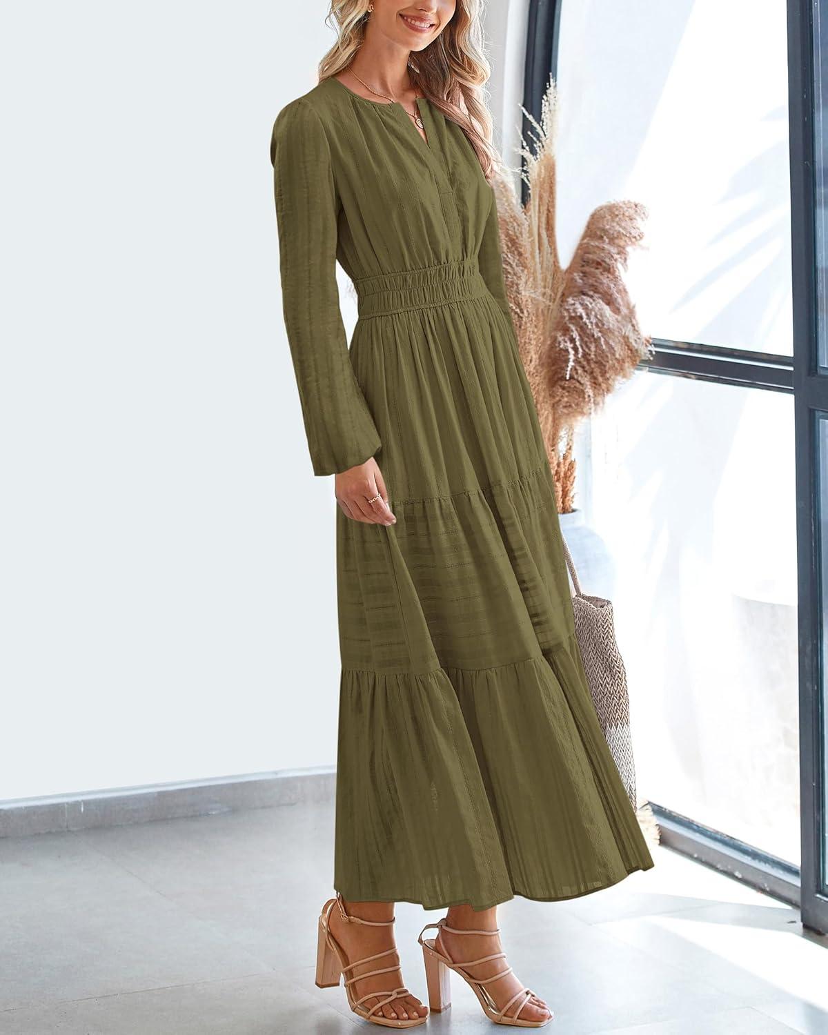 imageBTFBM Spring Dresses for Women 2026 Casual Long Sleeve V Neck Elastic Waist Lightweight Maxi Wedding Guest Dress PocketsArmy Green